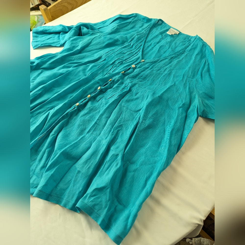 100% Linen Soft Surroundings Turquoise Button-Front Pleated Tunic